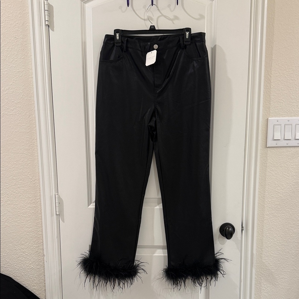 Altar'd State Black Feather Trim Cropped Leather Pants